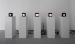 Installation view of Nazanin Raissi’s ‘Bodies Testing Relativity’ featuring five black, box-shaped devices with circular screens emitting soft, glowing light and imagery. Each device is placed on a tall white pedestal, evenly spaced in a row against a white gallery wall. Visible black cables snake from the devices toward a central outlet, introducing a subtle sense of disorder against the minimalist setting. 